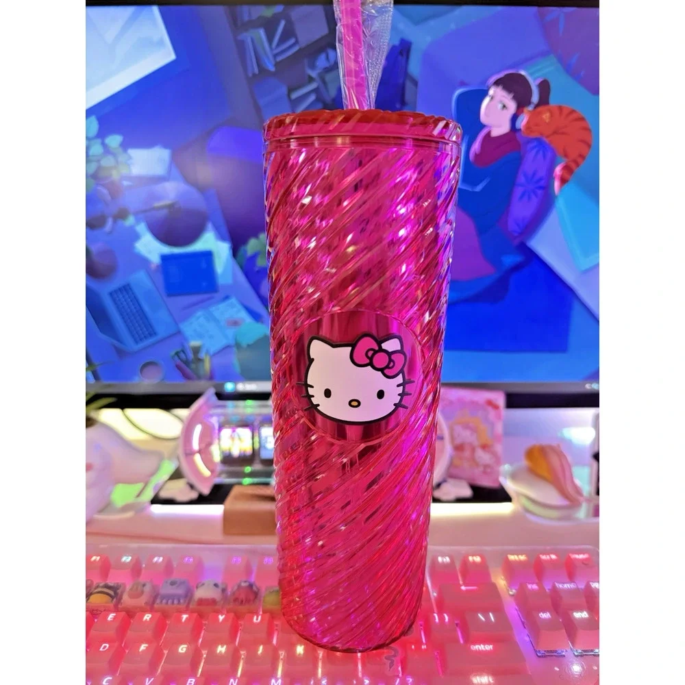 Hello Kitty Swirl Tumbler Lid Straw Shiny Metallic Spiral Plastic Pink Sanrio
